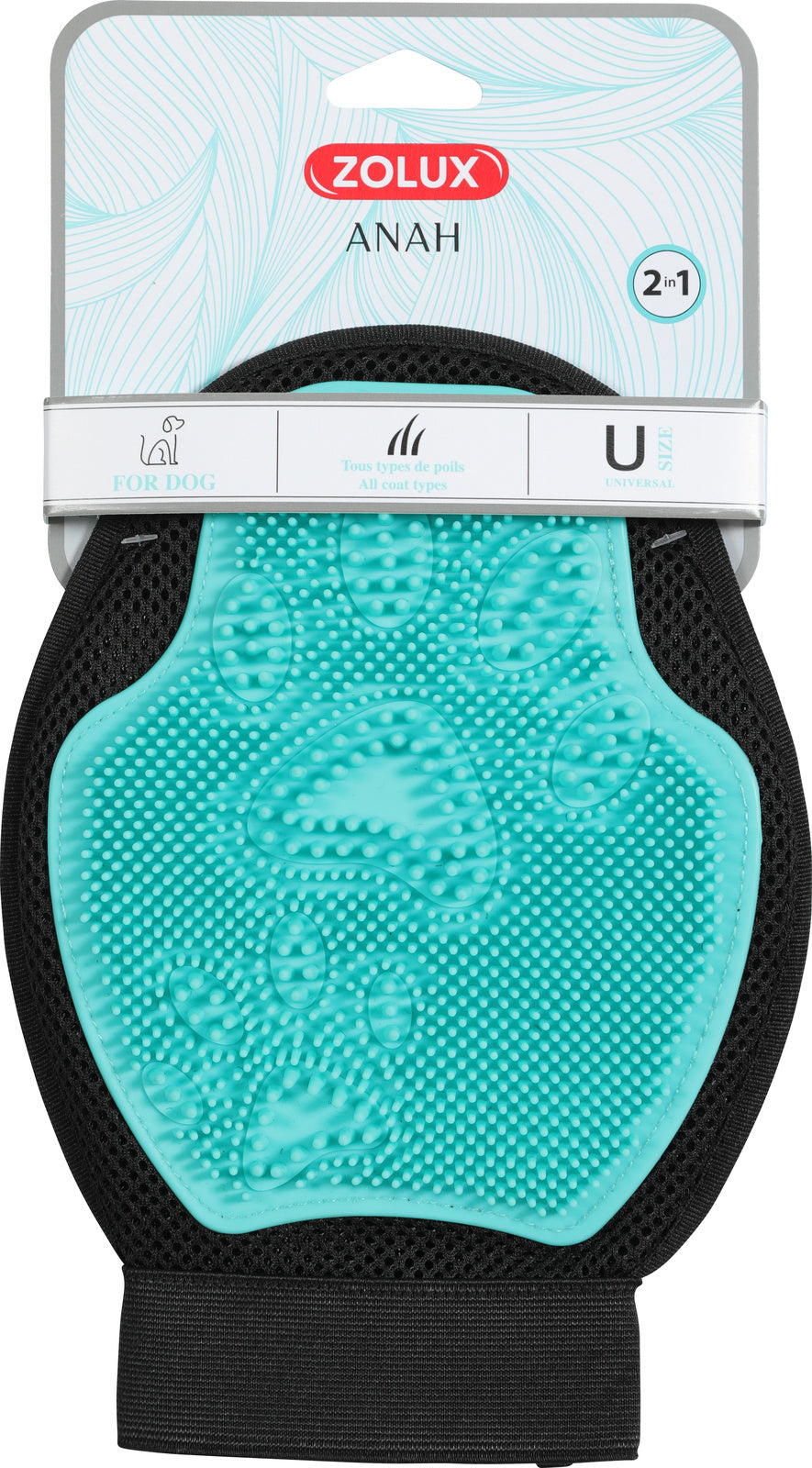 Guanto Zolux Anah 2in1 per cani con lato massaggiante in silicone turchese e lato spazzolante in tessuto, taglia universale Guanto Zolux Anah 2in1 per cani con lato massaggiante in silicone turchese e lato spazzolante in tessuto, taglia universale